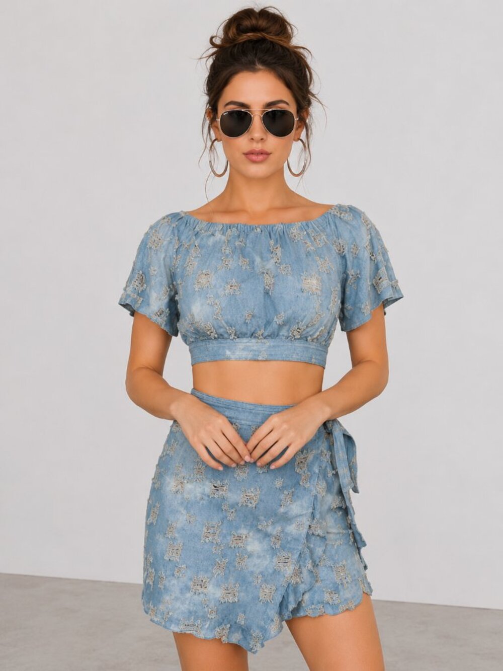 Light Wash Distressed Denim Mini Skirt Set NWT